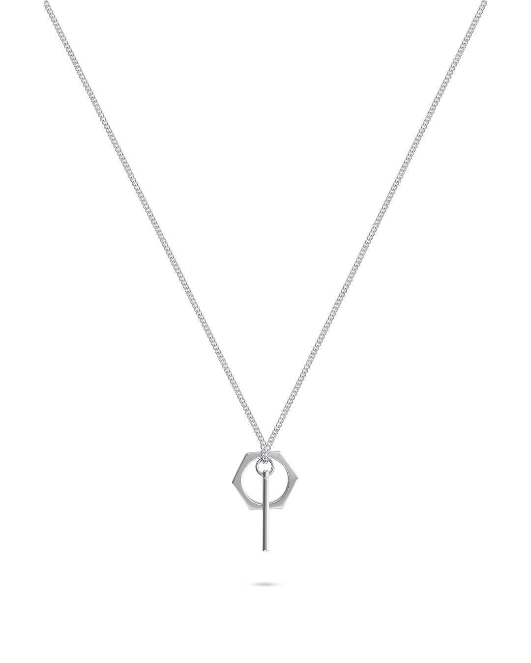 Sterling Silver 925K Necklace With Bar and Hexagon Pendant with Platinum-Plated