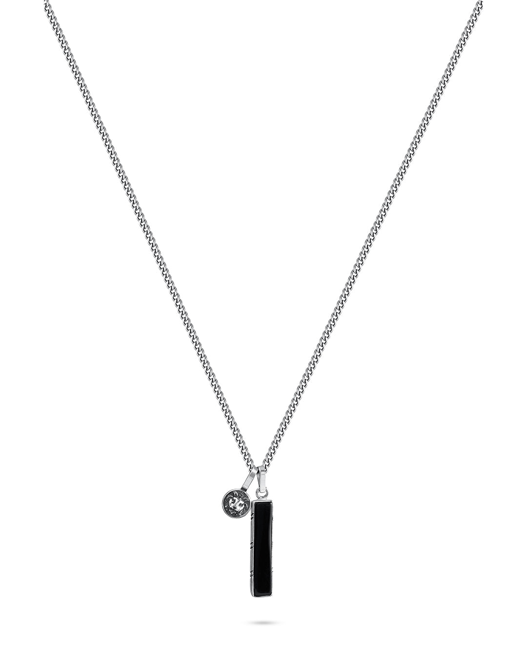 necklace with black stone bar pendant and a captivating lion face pendant
