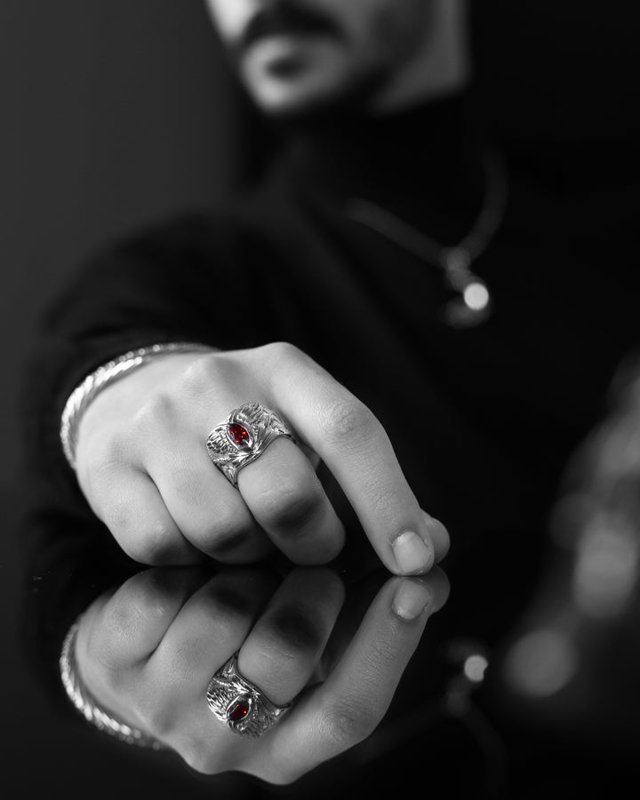 Platinum Plated Guardian Wings Ring With Red Zircon gemstone