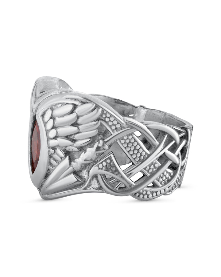Platinum Plated Guardian Wings Ring With Red Zircon gemstone