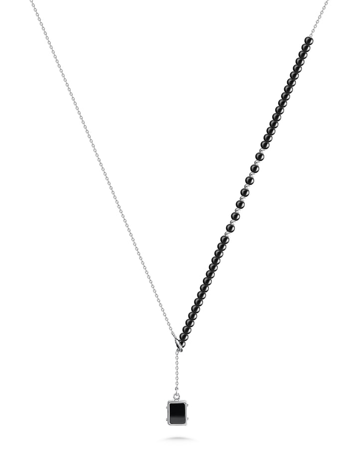 Platinum Plated Sterling Silver 925K Necklace with Black Stones and Black Square Stone Pendant