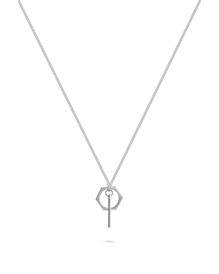 Sterling Silver 925K Necklace With Bar and Hexagon Pendant with Platinum-Plated