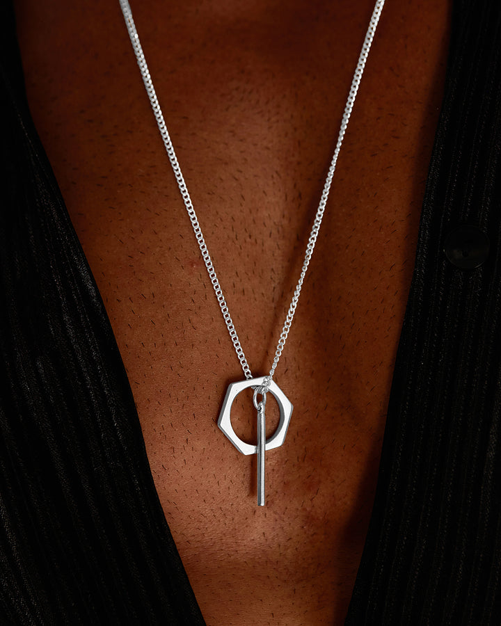 Sterling Silver 925K Necklace With Bar and Hexagon Pendant with Platinum-Plated
