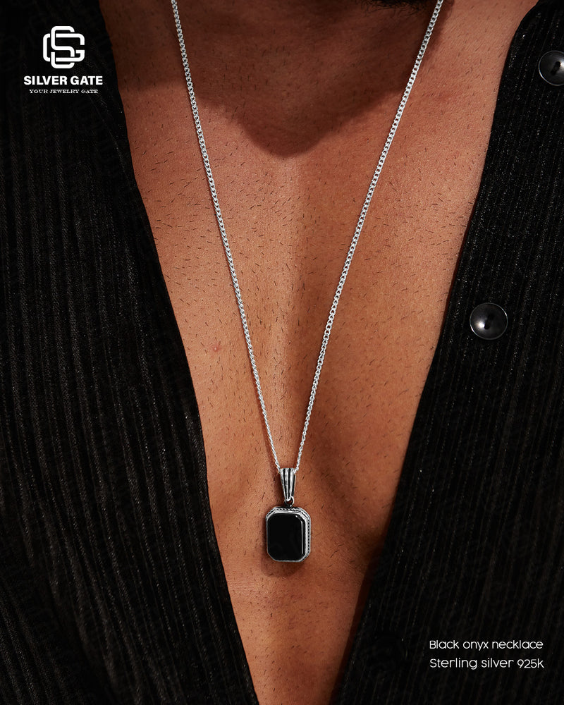 Square Black Onyx Stone Silver Necklace